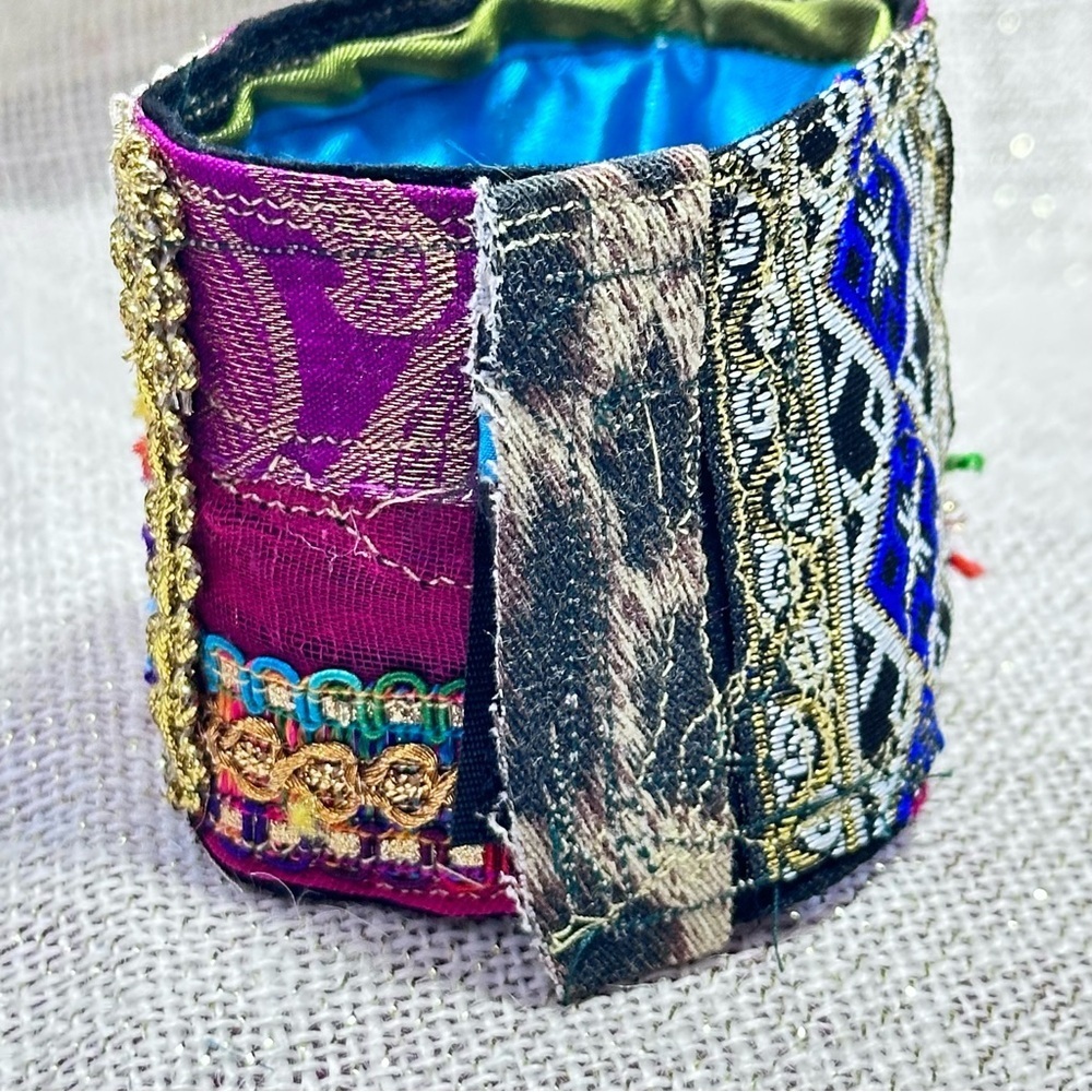 RUBYRUDI Cuff Bracelet Handcrafted OOAK Fabric Embellished Artisan Wearable Art - Picture 4 of 14